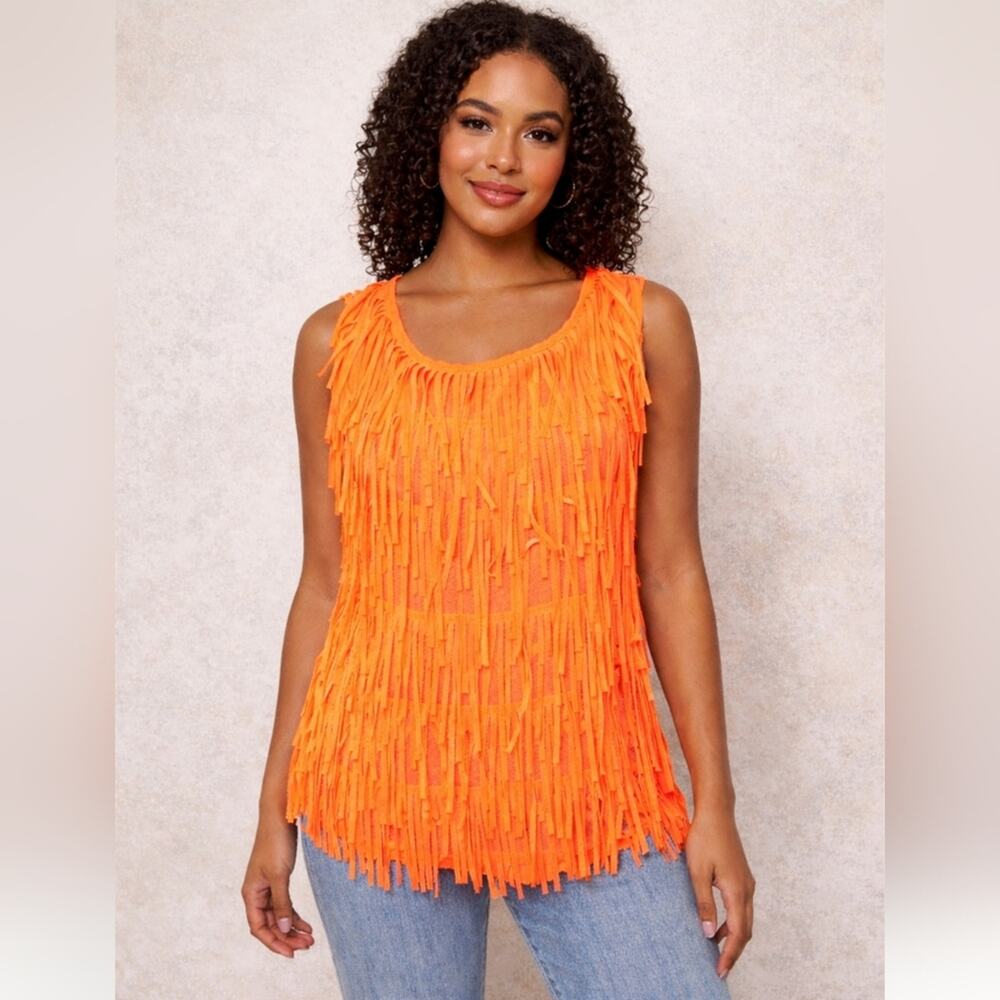 San Joy Bright Neon Orange Sleeves Fringe Top Sz. L #1965